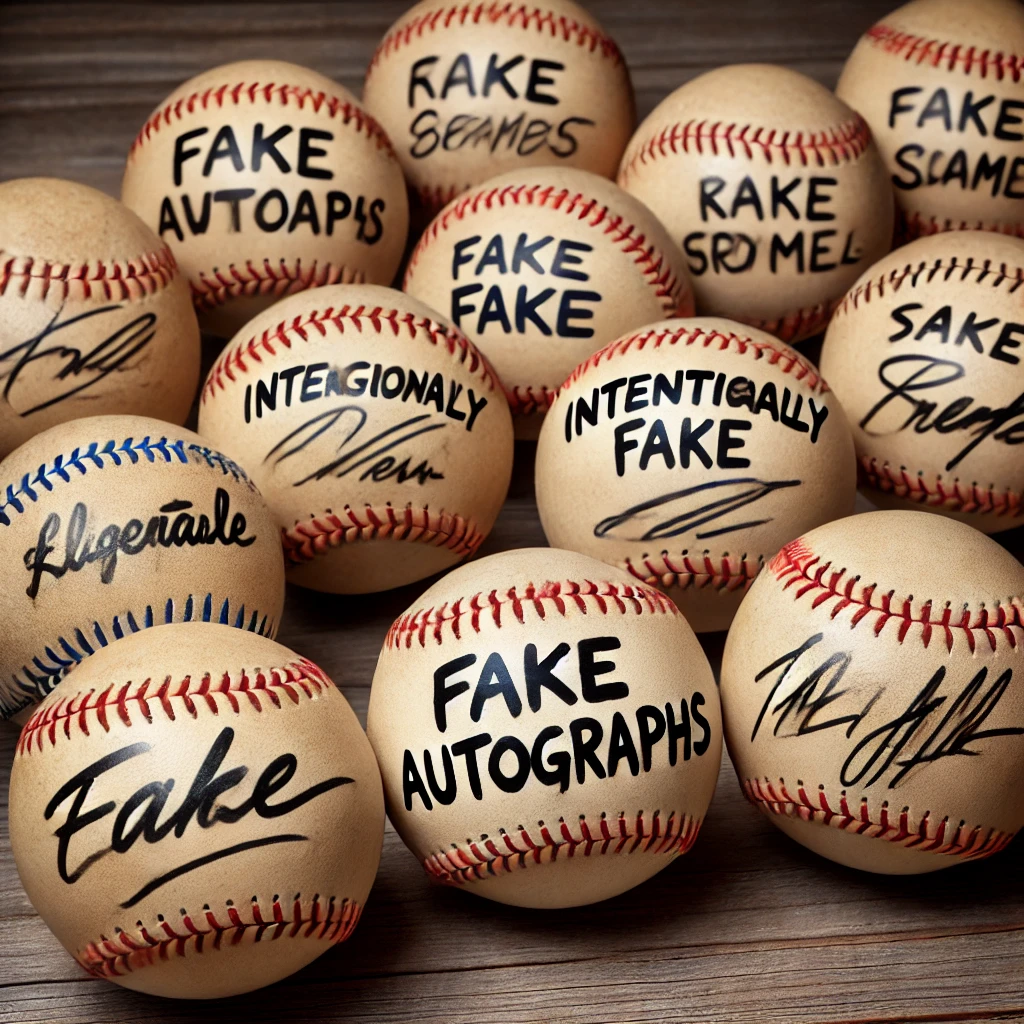 Multiple baseballs with the words 'Fake Autographs' written on them, highlighting the issue of counterfeit memorabilia in the sports industry 