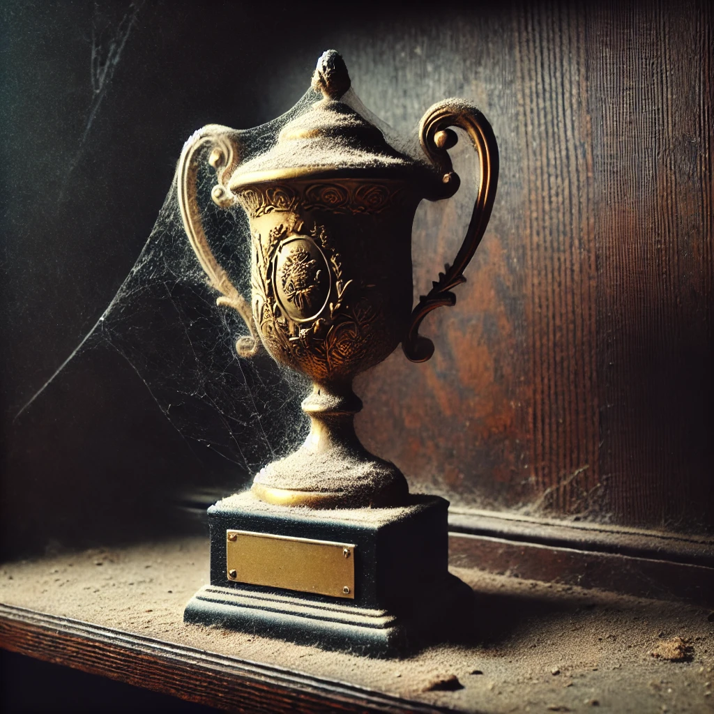 A dusty gold trophy on a wooden shelf, surrounded by cobwebs, representing forgotten achievements and the limits of traditional trophies.