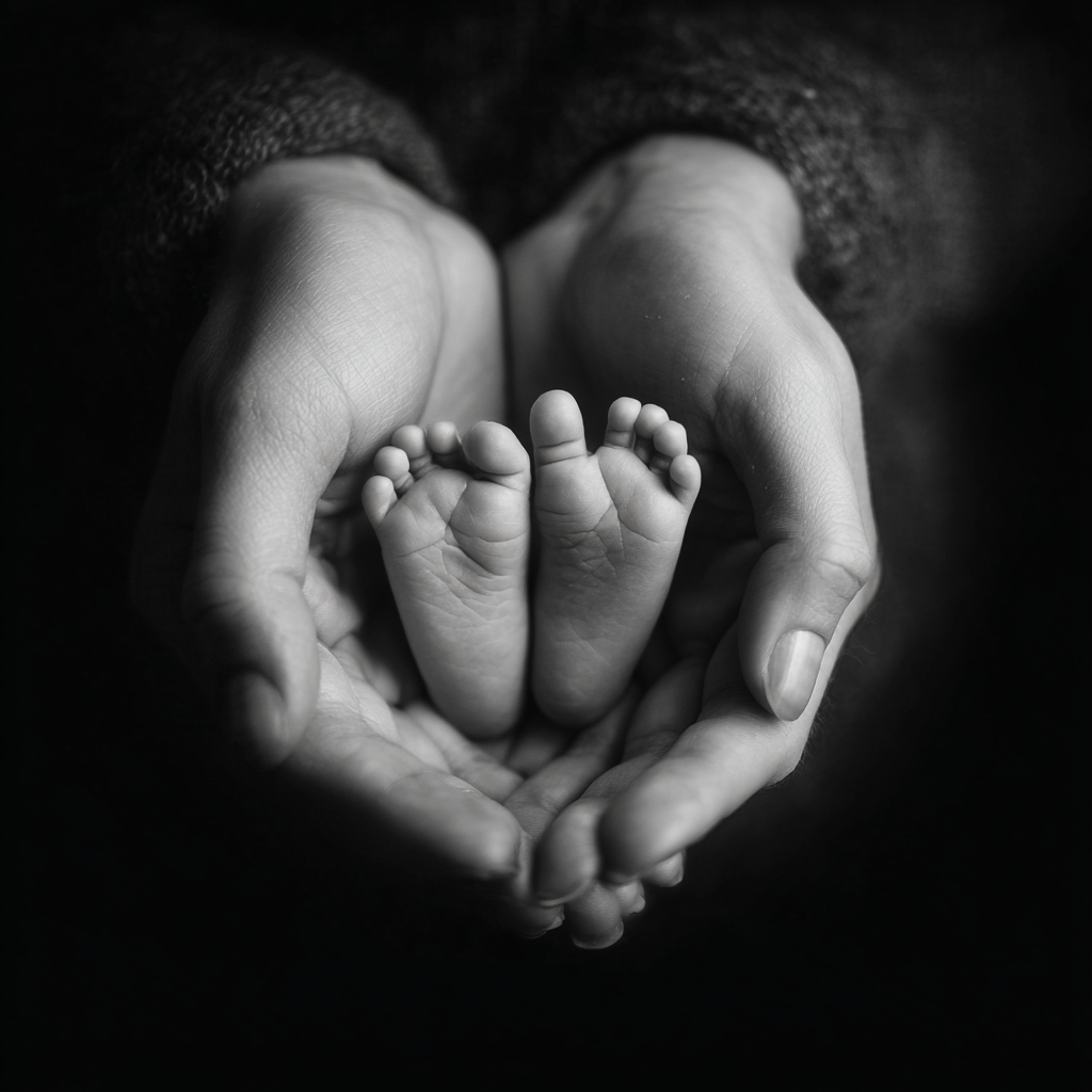Baby hand and foot casting keepsake concept with a newborn foot resting in a parent’s hand.