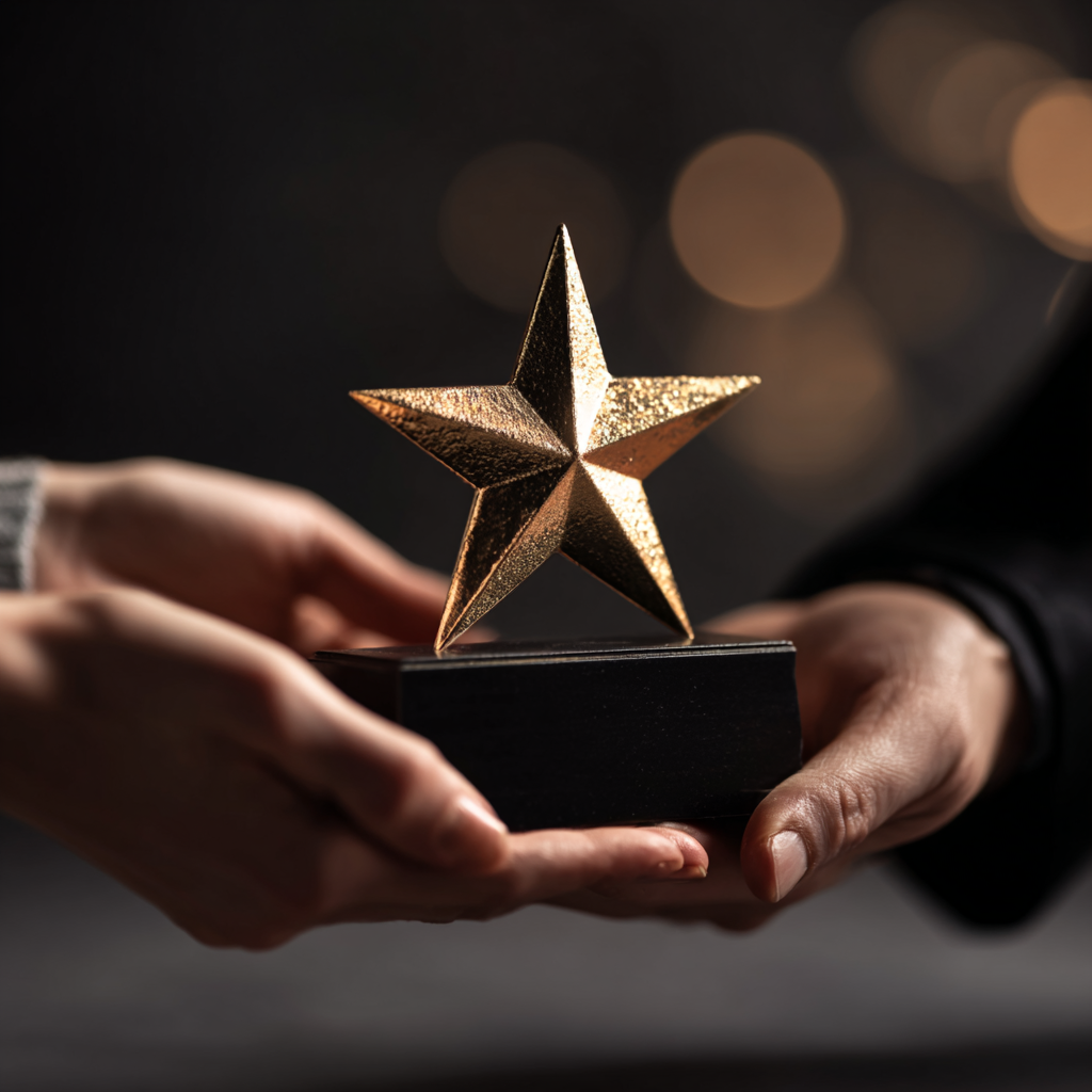 Custom hand cast awards concept with hands presenting a premium award on a display base.