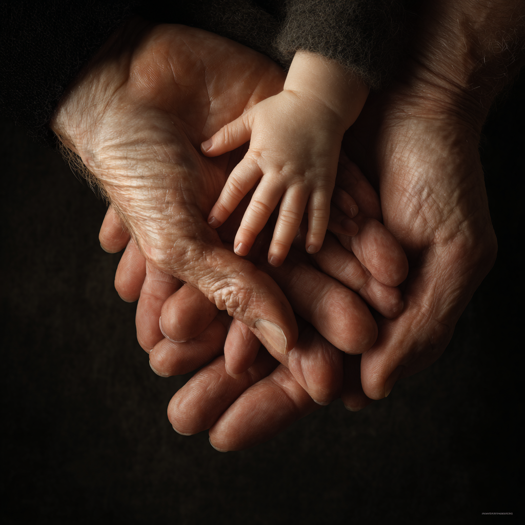 Family hand casting keepsake concept with multiple hands stacked together.