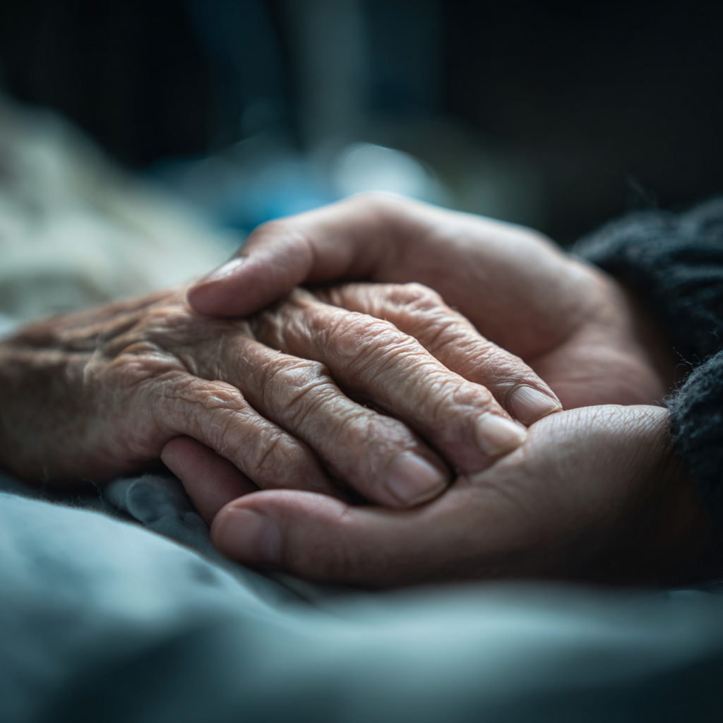 Memorial hand casting keepsake concept showing an adult hand gently holding an older hand.