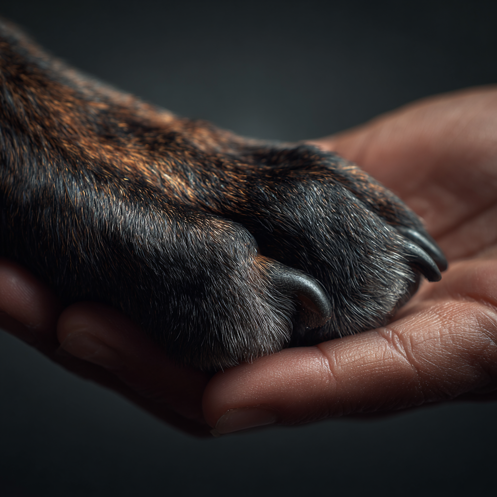 Pet paw casting keepsake concept with a dog paw resting on a human hand.