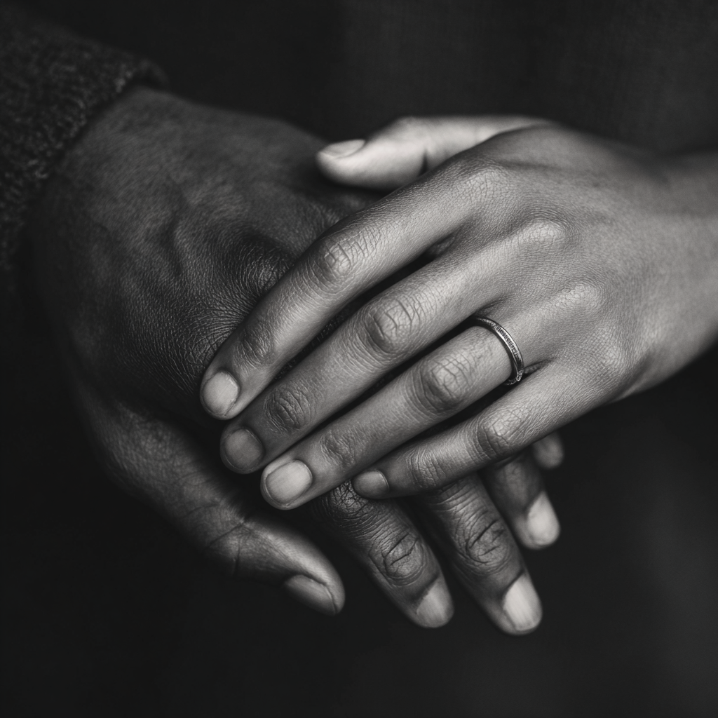 Wedding and engagement hand casting keepsake with two hands holding and a ring.