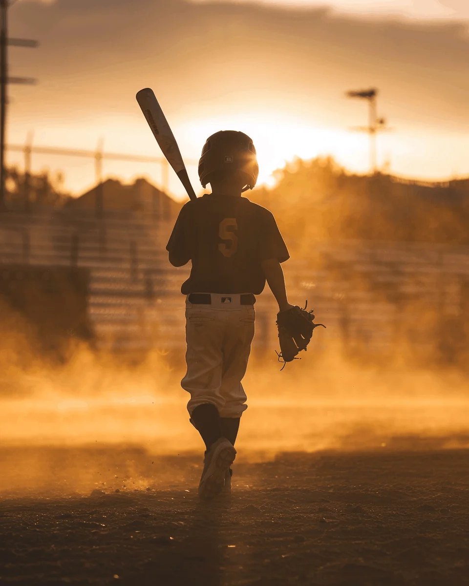 Little League baseball player walking off the field at sunset with bat over shoulder — the kind of moment personalized baseball gifts from Keepsakes of Triumph preserve forever