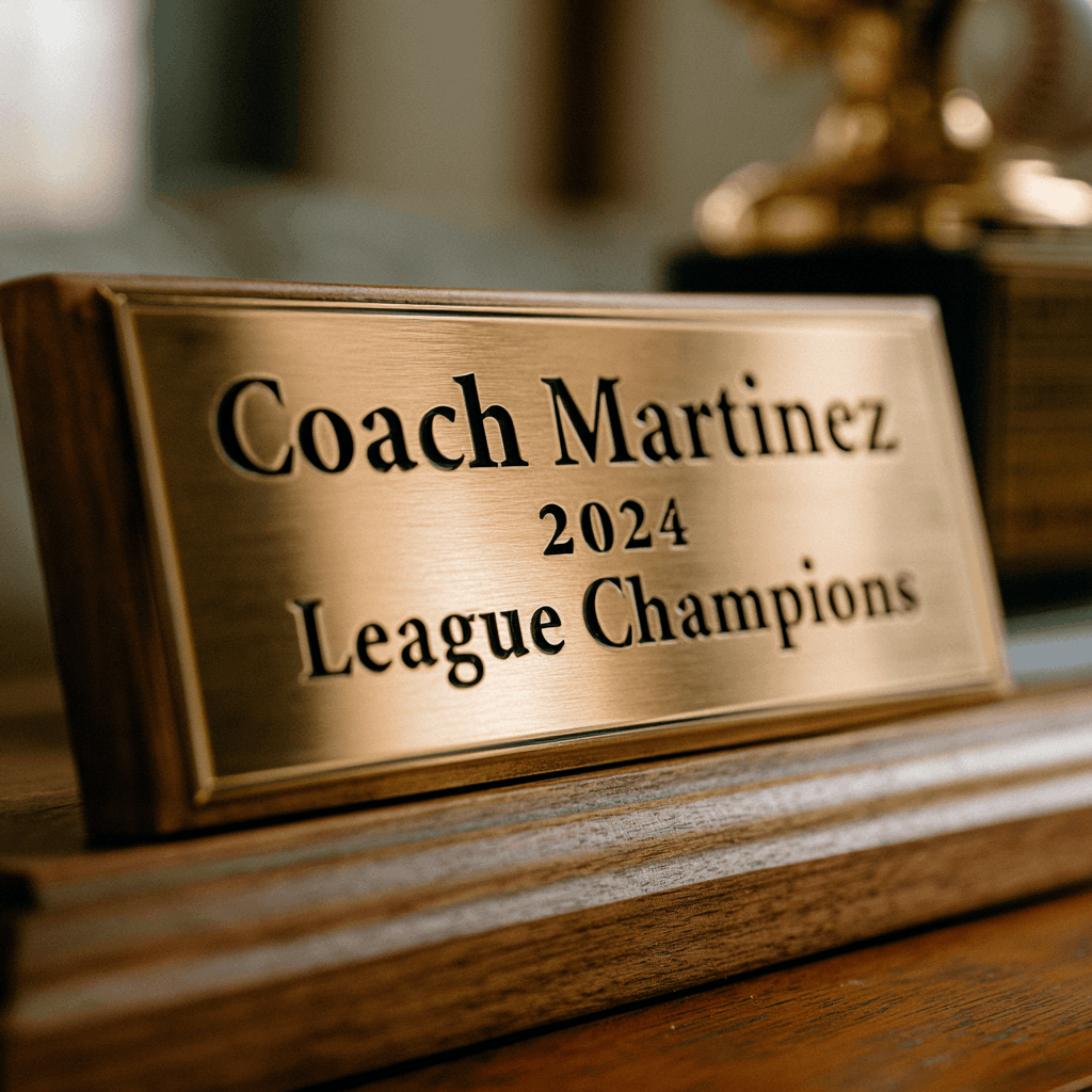Polished brass nameplate engraved with the coach's name, team, year, and championship title, mounted on a walnut base for a custom baseball coach gift
