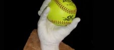 Joseph Robinson Hall of Fame Umpire Softball Hand Cast Sculpture Custom hand-cast sculpture of Hall of Fame umpire Joseph Robinson's hand gripping a softball, made by Keepsakes of Triumph